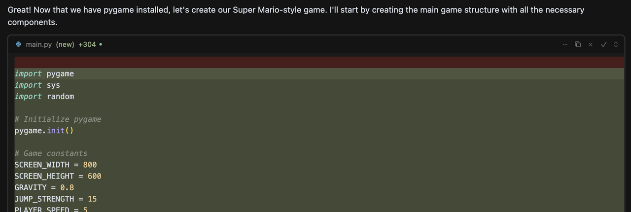 Code generated by Qwen3-Coder using Qwen3 API in Cursor to build a 2D platformer game with Pygame, showing setup and constants.