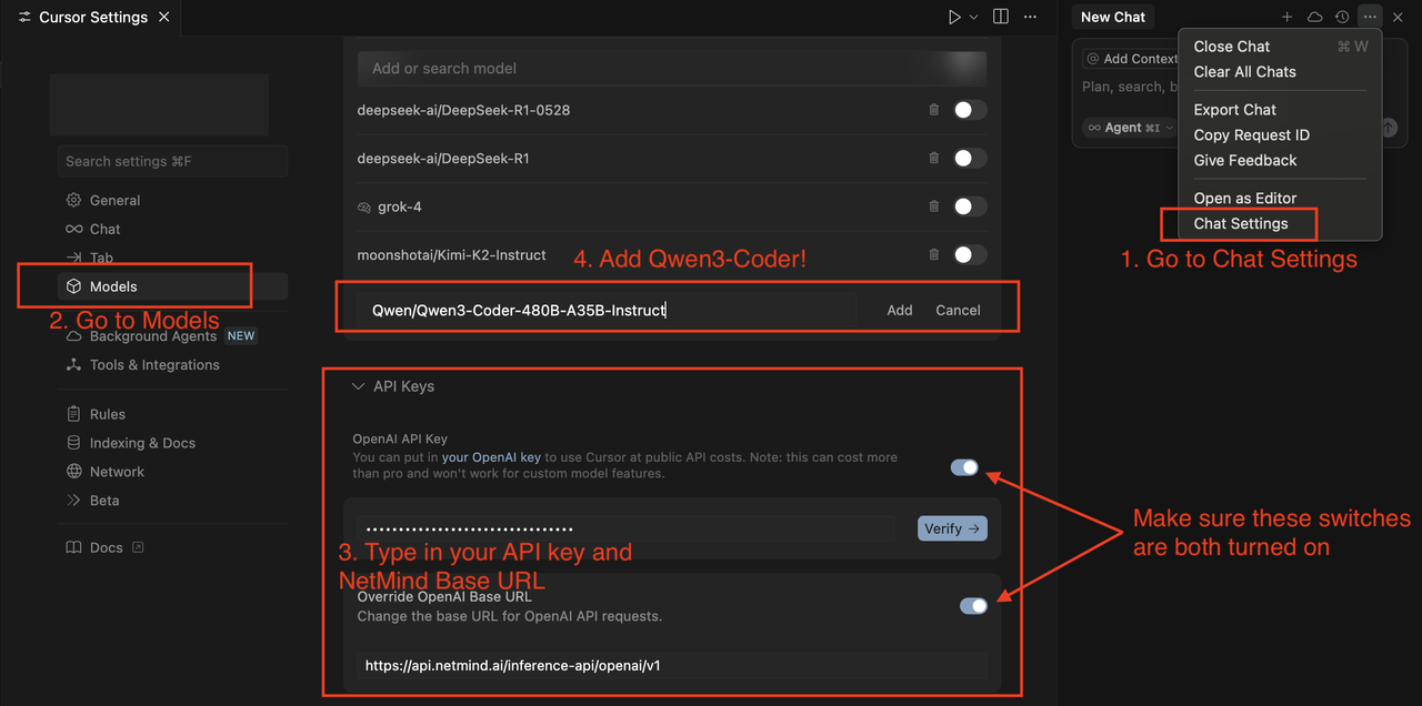 Cursor IDE showing how to connect Qwen3-Coder via the NetMind API, with steps to add the Qwen3 model and configure your Qwen3 API key.